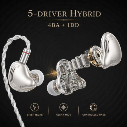Rosmas Wired Earbuds with Mic,SM10 Pro Wired Gaming IEM Earbuds with Mic, Detachable 2-Pin Cable, 4BA+1DD Hybrid in-Ear Headphones, Secure Over-Ear Fit, 3.5mm for PC and Controllers， Sliver - color: Silver