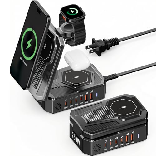 250W Charging Station for Multiple Devices Apple, Foldable 9‑in‑1 Wireless Charger for iPhone, iWatch, USB‑C PD100W Fast Charging Stand Dock for MacBook Air & Pro (Wireless Charging Only for Apple)
