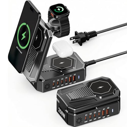 250W Charging Station for Multiple Devices Apple, Foldable 9‑in‑1 Wireless Charger for iPhone, iWatch, USB‑C PD100W Fast Charging Stand Dock for MacBook Air & Pro (Wireless Charging Only for Apple)