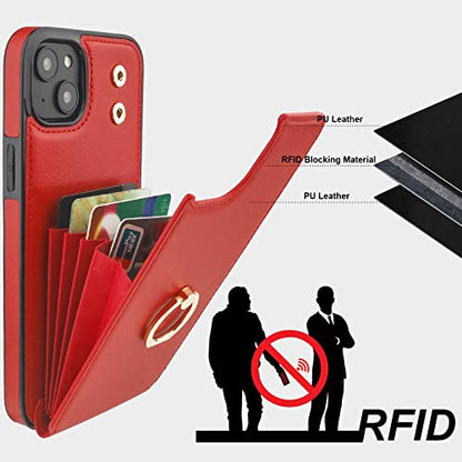 Folosu Compatible with iPhone 14 Plus Case Wallet with Card Holder, 360°Rotation Finger Ring Holder Kickstand, RFID Blocking Leather Protective Double Buttons Shockproof Cover 6.7 Inch Red - color: Red, size: iPhone 14 Plus