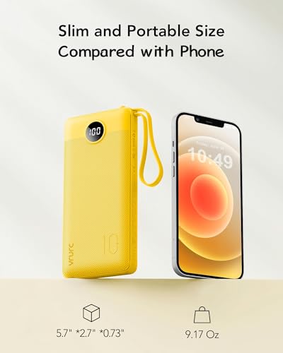 VRURC Portable Charger, Slim Power Bank Built-in 4 Cables, Travel Essential - color: Yellow