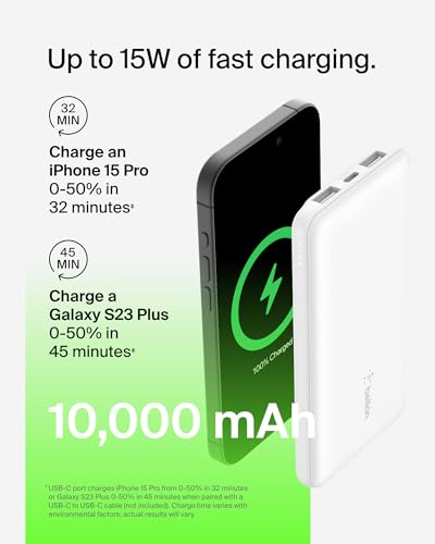 Belkin 10000mAh 15W 3 Port Power Bank, USB A to USB C Cable Included | Fast Charging, iPhone 17, Samsung Galaxy, Pixel, Airpods, iPad, Nintendo Switch 2, Battery Pack, USB C Port, USB A Port - color: White