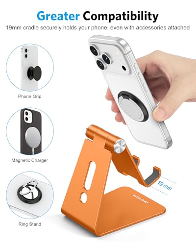 OMOTON Adjustable Cell Phone Stand, Aluminum Desktop Cellphone Stand with Anti-Slip Base and Convenient Charging Port, Fits All Smart Phones, Orange - color: Orange