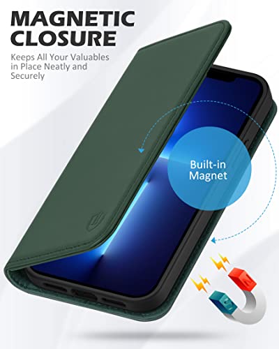SHIELDON Genuine Leather Case Wallet for iPhone 13 Pro 6.1", Midnight Green | Folio Magnetic Closure, RFID Blocking, Credit Card Holder, Kickstand, Shock Absorbing Protective Cover - color: Midnight Green