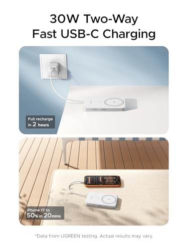 UGREEN Magflow Air 10000mAh Qi2 15W Wireless Power Bank Built-in Cable - color: White