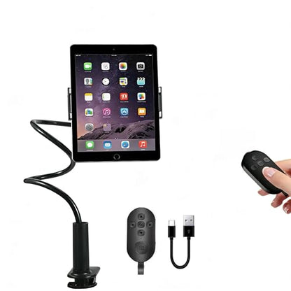 Phone Holder for Bed Laying Down with Remote Page Turner, Bedside Gooseneck Phone Stand with Clicker for Reading, Flexible Mount with Wireless Scrolling Ring for iPhone/Tiktok/Short Video