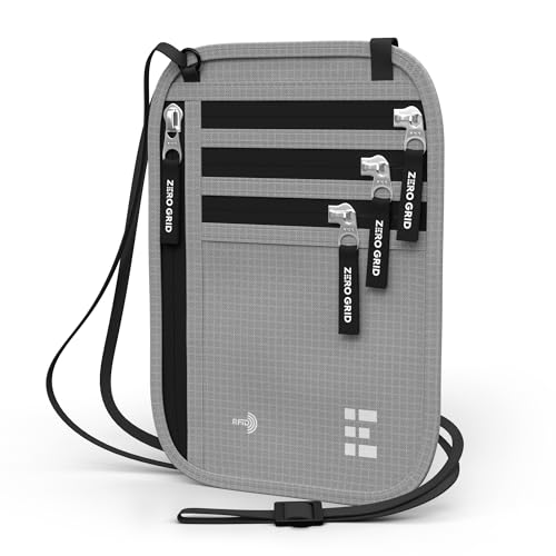 Zero Grid RFID Travel Neck Wallet, Extra Large Passport Holder, Light Grey - color: Light Grey, size: Family