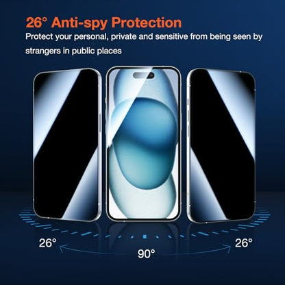 KUZOOM 2Pack Privacy 9H+ Tempered Glass Screen Protector for iPhone 15 - color: Black 15