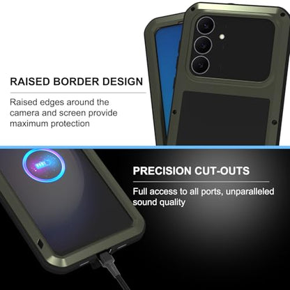 LOVE MEI Military Rugged Case for Samsung Galaxy S25 FE 5G, with Tempered Glass Screen Protector, Shockproof Dustproof Scratch Proof Hybrid Metal and Silicone Gel Heavy Duty Full Body Cover (Green) - color: Green