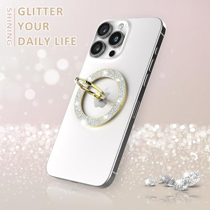 Pikabo Magnetic Phone Ring Holder for MagSafe, Glitter Phone Grip Stand - color: Glitter Gold