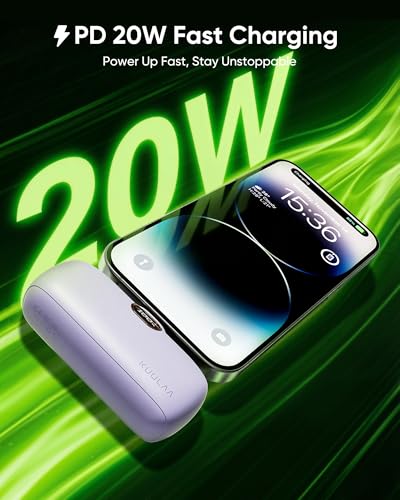 Kuulaa Portable Charger with Built-in Lightning Cable 5000mAh Small iPhone Fast Charging Mini Portable Phone Charger for iPhone 14/13/13 Pro/12/12 Pro/11/XR/XS/X/8/7/6, Purple - color: Purple