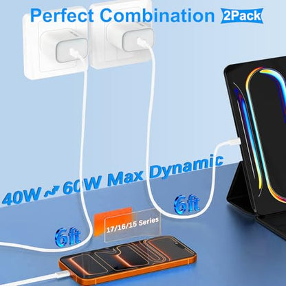 iPhone 17 Charger Fast Charging, 40W Dynamic Wall Charger with 60W Max,2Pack USB C Charging Block Power Adapter 6FT USB C Woven Cable Cord for iPhone 17 Pro Max/17 Air/16e/15 Plus,iPad Pro/Air/Mini - size: 2PACK 6ft