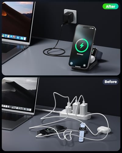 3 in 1 Wireless Charger Station for iPhone, 2026 Upgraded Travel Foldable Magnetic 15W Fast Wireless Charging Stand for Mag-Safe with 30W USB C Adapter for iPhone 17/16/15/14/13/12,Apple Watch,AirPods