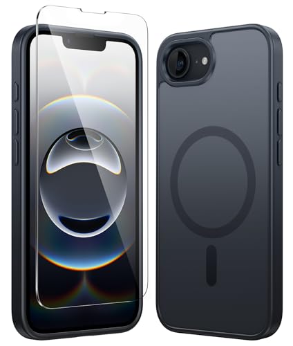 FNTCASE for iPhone 17e/16e Case Magnetic Black Matte | with Screen Protector, Silicone Matte Textured, Military Grade Drop Protection Slim Rugged Shockproof Phone Cover - color: Black Matte