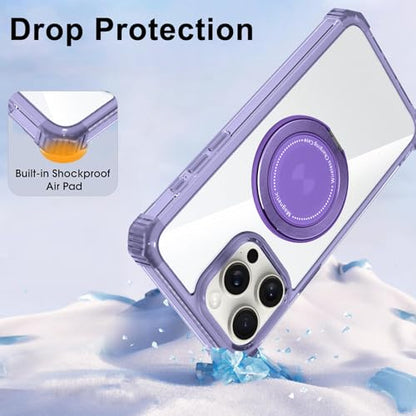 Clear Case for iPhone 15 Pro with Magnetic 360 Rotatable Ring Stand | Military Grade Heavy Duty Cover with 360 Rotatable Ring Kickstand -260417 - color: Clear Purple, size: iPhone 15 Pro