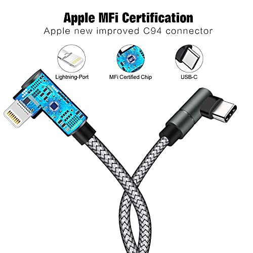 USB-C to Lightning Cable 10ft 90 Degree MFi Nylon Braided Cord - size: 10 FT
