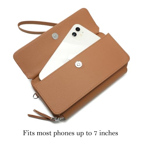 RFID Crossbody Wallet Wristlet Purse with Phone Pocket For Women Vegan Leather - color: Zb-saffiano-brown