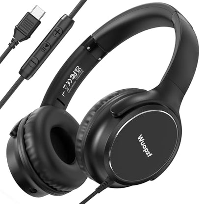 USB C Wired Over-Ear Headphones with Microphone - color: Black