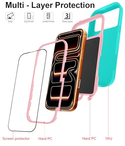 for iPhone 17 Pro Max Case with 2 Camera Lens Protector & 2 Screen Protector, Heavy Duty Full Body Protective Phone Case 6.9" (TealPink) - color: 17 Pro Max-TealPink
