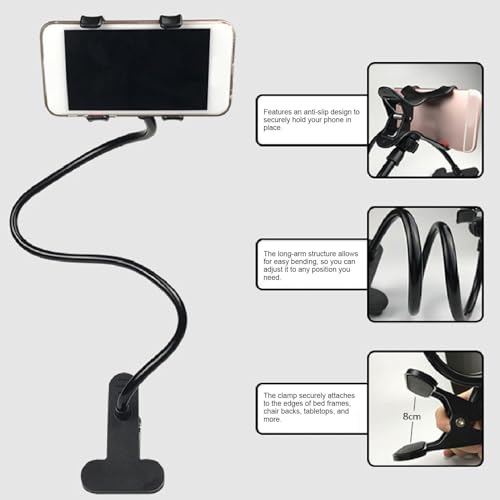 Zopsc Gooseneck Phone Holder for Bed, Flexible Long Arm Cell Phone Stand with Clamp, 360 Adjustable Overhead Mount for Headboard Desk Bedside, for 4 7in Smartphones