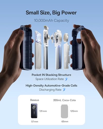 Baseus Enercore Power Bank, 10000mAh Fast Charging Portable Charger Built-in 45W Retractable USB-C Cable, Battery Pack for iPhone 16/15 Series, Samsung, Google Pixel, iPad, AirPods, Drone, Go Pro