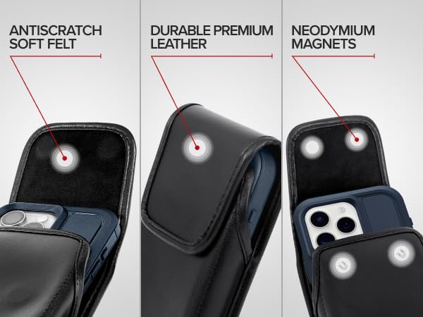 Turtleback Belt Holder for iPhone 16 Pro, 16e, 15 pro 14 Pro 13 Pro -Large- Fits w/Defender Bulky Style Cases, Premium Black Leather Vertical Holster, Magnetic Closure Leather Wrapped Belt Clip - color: Vertical - Leather w/ Leather Clip, size: Large
