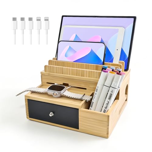 Bamboo Charging Station Organizer with Drawer and Pen Holder