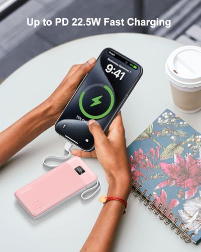 Portable Charger 10000mAh Power Bank w/Built-in 3 Cables & AC Wall Plug - color: Pink