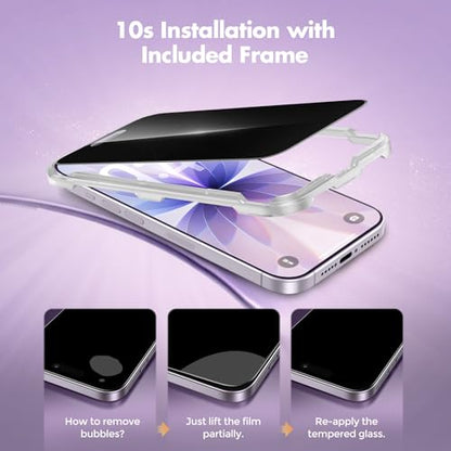 UNBREAKcable Privacy Screen Protector for iPhone 17, Full Coverage Shatterproof Tempered Glass [True 28°Anti Spy] [9H Hardness] [Easy Installation Frame] 2-Pack Private Screen for iPhone 17 - size: iPhone 17