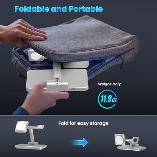 Magnetic 3 in 1 Wireless Station Foldable: JoyGeek MagSafe Charging Stand for iPhone 17 Air 16 Pro 15 Max, Apple Watch SE 2, AirPods Pro 3 (Gray) - color: Silver