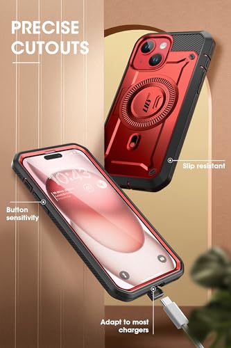 SUPCASE for iPhone 15 Case (6.1 inch), Compatible with MagSafe, Ruddy | Built-in Kickstand, 360° Rotating Belt Clip,Screen Protector, Rugged Case for iPhone 14/13,Mil-Grade Protection, UB Pro Mag - color: Red