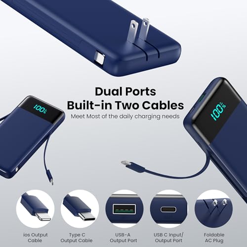 Portable Charger with Built-in AC Plug and Cables,13800mAh All in One USB C Fast Charging Power Bank,Travel Essentials Portable Phone Charger Battery Pack for iPhone 17/16/14,Galaxy,Android-Dark Blue - color: Dark Blue