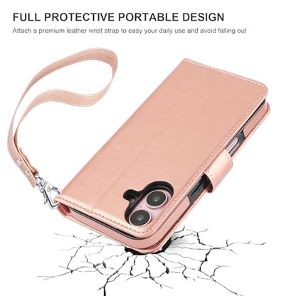 Bocasal Detachable Wallet Case Card Holder for iPhone 16, Rose Gold | RFID Blocking Kickstand Card Slots Holder PU Leather Magnetic Shockproof Wrist Strap Removable Flip Protective Cover 6.1 inch - color: Rose Gold