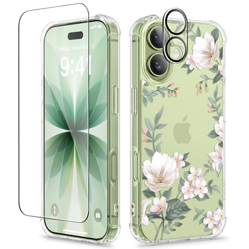 GVIEWIN for iPhone 17 Case Floral, Slim Clear Non-Yellowing | Shockproof Protective, Screen Protector+Camera Lens Protector, Women Phone Case for iPhone 17 6.3", Magnolia/White - color: Magnolia/White