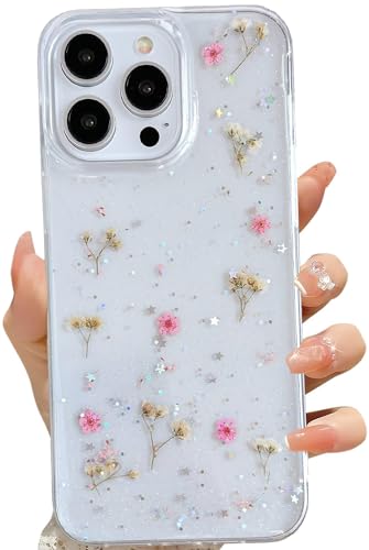 LSEEKA for iPhone 14 Pro Max Clear Case with Pressed Real Flowers Design,Glitter Cute Pink Floral Pattern Slim Soft TPU Protective Women Girl's Phone Cover for iPhone 14 Pro Max - color: Pink, size: for iPhone 14 Pro Max