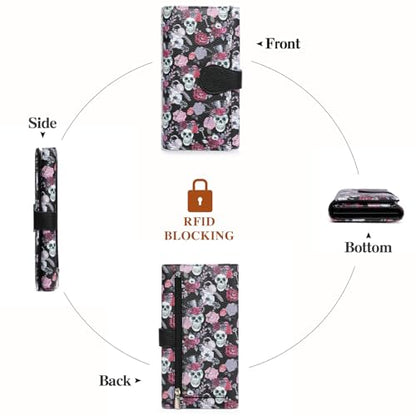 GOIACII Women's Wallet RFID Blocking Large Capacity Card Holder Ladies Phone Clutch Travel Long Purse Skull Goth - color: Z01 Skull Goth Black