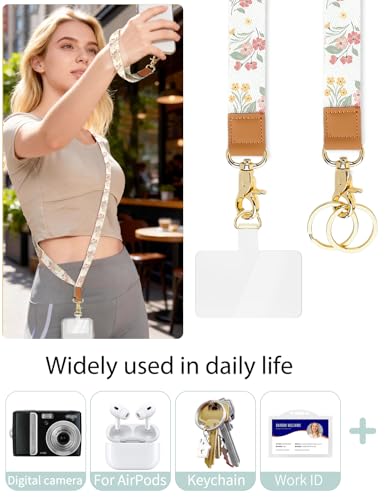Phone Lanyard Crossbody Strap, Adjustable Neck Strap and Wristlet Strap for Phone Wallet ID Badge with 2 Phone Tabs - color: Beige Flowers