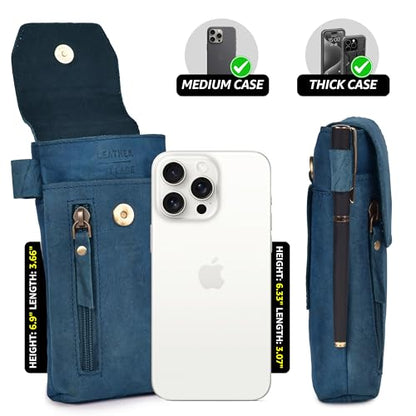 Leather Village Genuine Leather 7”x3.5” Phone Holster Pouch with Belt Clip, Magnetic Closure, ID Card Holder - Blue Universal Case for iPhone, Samsung Galaxy, Google Pixel - color: Blue