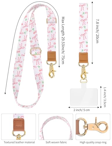 Phone Lanyard Crossbody Strap, Adjustable Neck Strap and Wristlet Strap for Phone Wallet ID Badge with 2 Phone Tabs - color: Bowknot Cherry