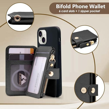 M-Plateau Small Wallet for Women Large Capacity with ID Window | Phone Wallet with Adhesive Card Holder for Phone Case (Compatible with Most Smartphones) (Black) - color: Black