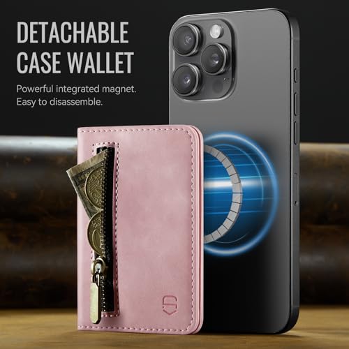 Strapurs Magnetic Card Holder Compatible with MagSafe Phones and Cases, PU Leather Slim Phone Wallet for iPhone 17/16/15/14/13/12/Pro/Max/Plus/Air, 4 Card Slots RFID Blocking with Zipper Pocket - Pink - color: Pink