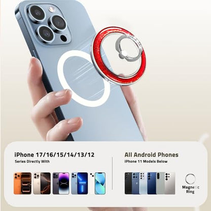 Transparent Shiny Magnetic Phone Ring Holder,360° Rotatable Removable Phone Grip,Clear Hot Red Sparkle Diamond Stylish Design Compatible with All Phones & Tablets - color: Clear Hot Red