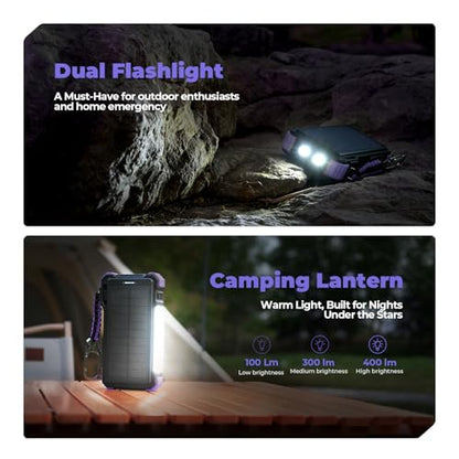BLAVOR Solar Power Bank 20000mAh, Wireless Charger for Phones & Apple Watch - color: Purple