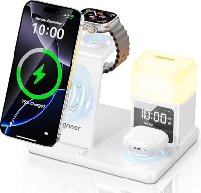 6 in 1 Wireless Charging Station with Clock & Night Light，Alarm Clocks for Bedrooms,Wireless Charger Stand with Beside Clock for iPhone 18/17/16/15/14/13/12 Pro Max, Apple Watch,Airpods (White) - color: White