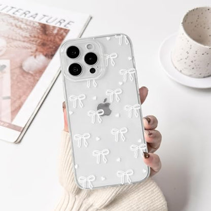 NITITOP Compatible with iPhone 16 Pro Case Clear Cute Bow Ribbon Love Heart Pattern for Women Girls Bowknot Full Camera Lens Soft TPU Slim Shockproof Protective Cover - White - color: White, size: iPhone 16 Pro