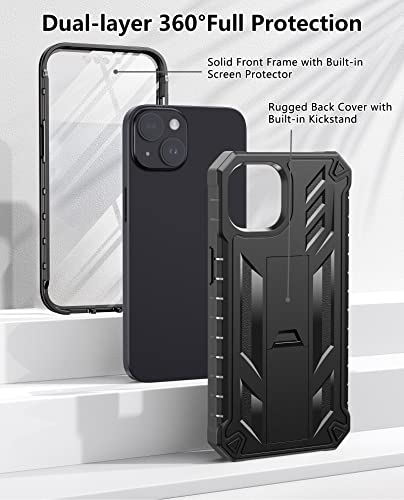 FNTCASE for iPhone 14 Plus Case, Built-in Screen Protector, Kickstand Black | 20FT Military-Grade Drop Protection, Anti-Slip Matte Textured, Rugged Heavy Duty Shockproof TPU Protective Cover - color: Black