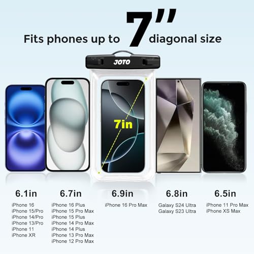 JOTO Up to 7" Universal Waterproof Phone Case for iPhone 17 Air 16 15 14 13 12 11 Plus Pro Max, IPX8 Cellphone Dry Bag XR X SE, Galaxy S23 S22 S21 S20+ S20 S10 Plus Note, Pixel -Clear - color: Clear, size: 1 Pack
