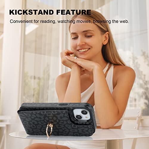 HAOPINSH for iPhone 13/ iPhone 14 Wallet Case with Card Holder, 360°Rotation Ring Kickstand, Black Leopard Cheetah Pattern, RFID Blocking Leather for Girls Women, Double Buttons Flip 6.1" - color: Black Leopard