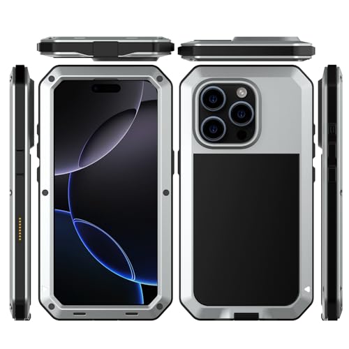 for iPhone 16 Pro Max Metal Case 6.9",Heavy Duty Shockproof Aluminum Alloy Tough Armour Military Phone Case,360 Full Body Protective Cover with Silicone Built-in Screen Protector - Silver - color: Silver