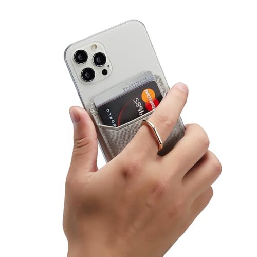 Card Holder Sleeve with Ring, RFID Credit Wallet PU Leather Stick On Back Grip for iPhone Samsung Smartphone - Silver - color: Silver
